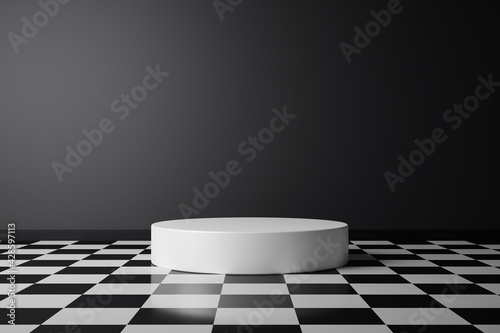 Fototapet Abstract product background and checkered pattern flooring on dark room pedestal or white podium with backdrops display