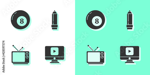 Set Online play video, Billiard pool snooker ball, Retro tv and Pencil with eraser icon. Vector