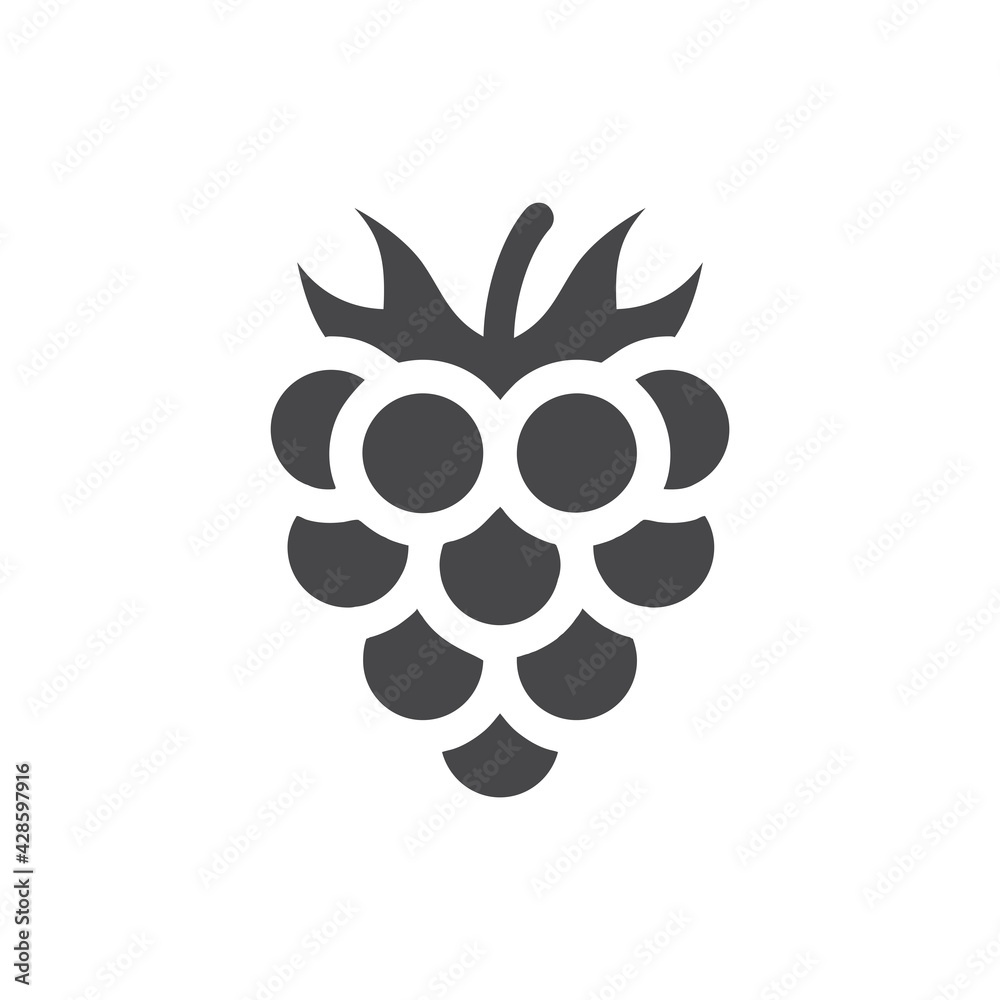 Raspberry black vector icon. Simple fruit symbol with leaf.