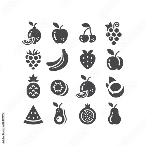 Fototapeta Naklejka Na Ścianę i Meble -  Fruits black vector icon set. Apple, lemon, banana, fruit symbols.
