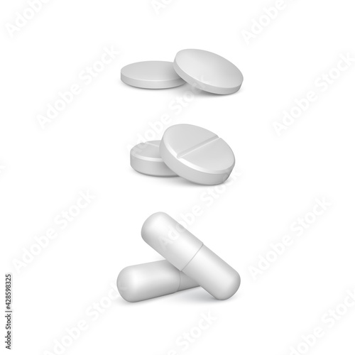 Set of realistic white pills. 3d render medicine drugs or vitamins. Vector illustration isolated on white background