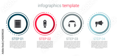 Set Play Video, USB flash drive, Headphones and Megaphone. Business infographic template. Vector
