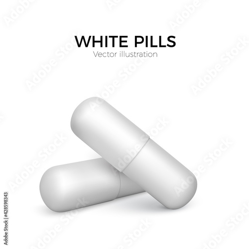 White pills. Healthcare and medicine poster. Web banner medicine capsules on white background. Vector illustration