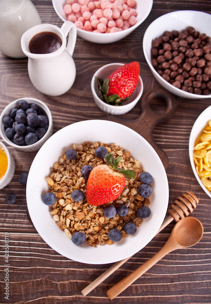 Healthy breakfast. Granola, muesli with fresh berries. Healthy breakfast. Granola, muesli with fresh berries.