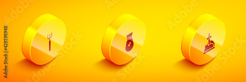 Set Isometric Garden pitchfork, Old money bag and Sword in the stone icon. Vector