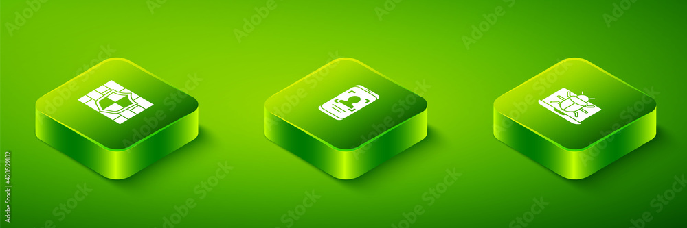 Set Isometric Mobile and face recognition, System bug monitor and Shield with brick wall icon. Vector Set Isometric Mobile and face recognition, System bug monitor and Shield with brick wall icon. Vector