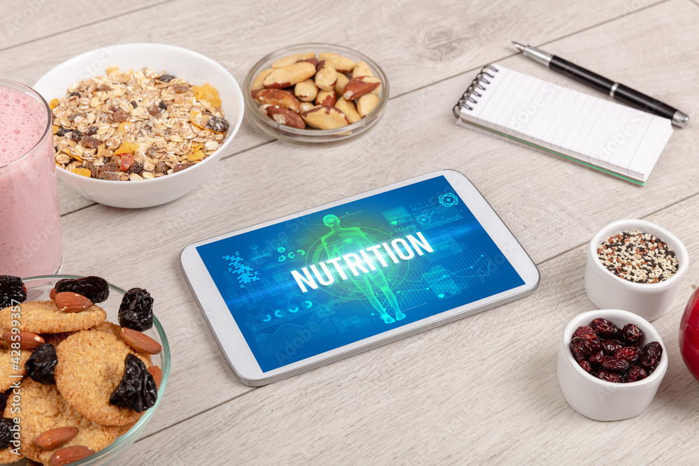 Tablet Pc with fruits, medical concept Tablet Pc with fruits, medical concept