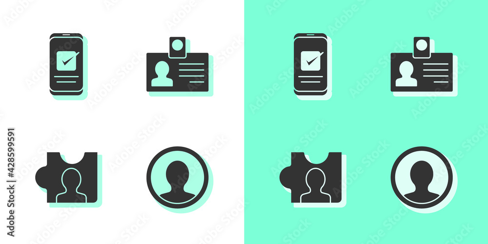 Set Create account screen, Smartphone, Head hunting and Identification badge icon. Vector