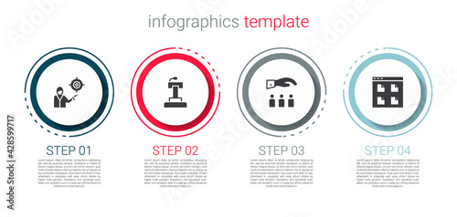 Set Marketing target strategy, Stage stand or tribune, Boss with employee and Browser files. Business infographic template. Vector