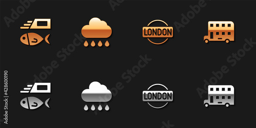 Set Fish and chips, Cloud with rain, London sign and Double decker bus icon. Vector