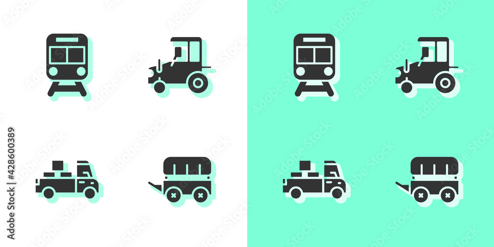 Set Wild west covered wagon, Train and railway, Delivery truck and Tractor icon. Vector Set Wild west covered wagon, Train and railway, Delivery truck and Tractor icon. Vector