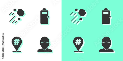 Set Vandal, Flying stone, Protest and Police assault shield icon. Vector