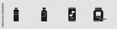 Set Fitness shaker, , Music player and Sports nutrition icon. Vector