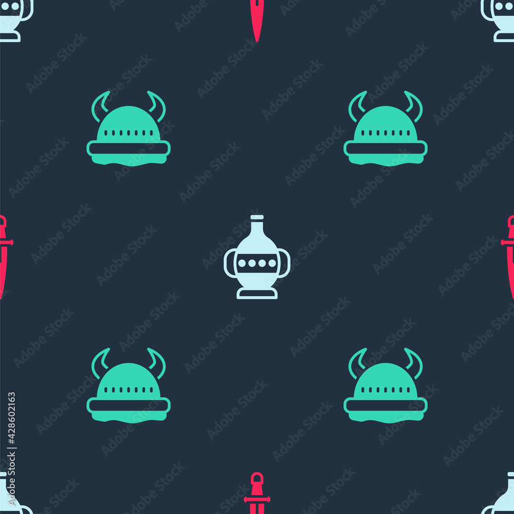 Set Dagger, Ancient amphorae and Viking in horned helmet on seamless pattern. Vector Set Dagger, Ancient amphorae and Viking in horned helmet on seamless pattern. Vector