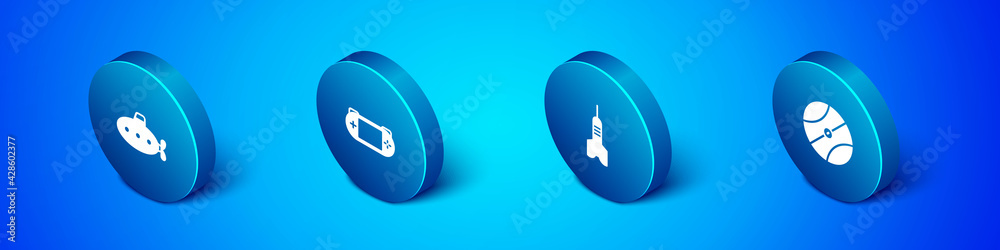 Set Isometric Submarine toy, Dart arrow, Basketball ball and Portable video game console icon. Vector Set Isometric Submarine toy, Dart arrow, Basketball ball and Portable video game console icon. Vector