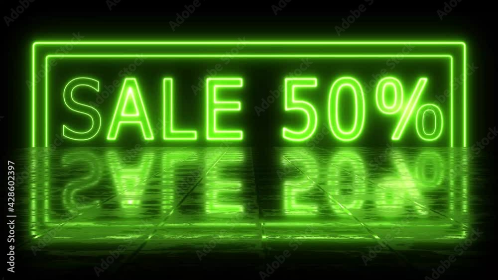 Sale 50% neon sign light glowing with light reflection texture. Sale promo banner frame special offer neon effect.