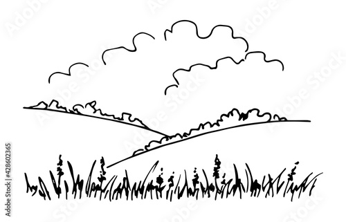 Simple hand-drawn vector drawing in black outline. Summer landscape, hills, bushes and vegetation, clouds in the sky, grass and flowers in the foreground. Countryside, nature.
