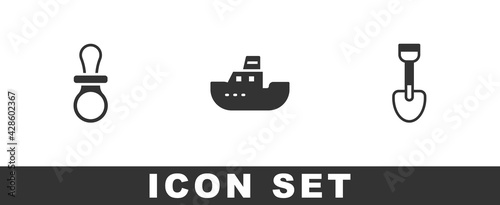 Set Baby dummy pacifier, Toy boat and Shovel toy icon. Vector