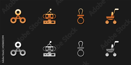 Set Fidget spinner, Robot toy, Baby dummy pacifier and stroller icon. Vector