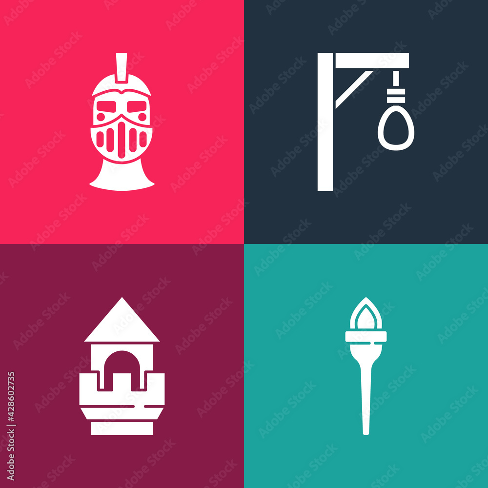Set pop art Torch flame, Castle tower, Gallows and Medieval iron helmet icon. Vector