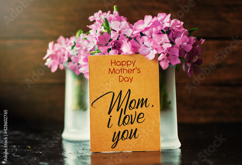 craft flowers composition and wishing text card happy mother's day. Romantic date, invitation, sweet wish concept	
