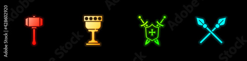 Set Hammer, Medieval goblet, shield with swords and Crossed medieval spears icon. Vector