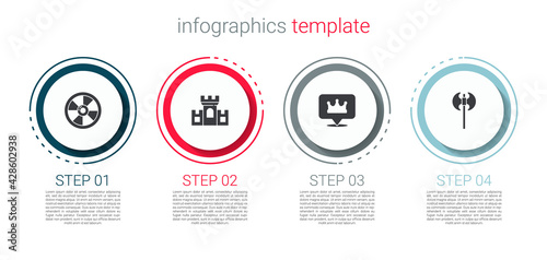 Set Round wooden shield, Castle, fortress, Location king crown and Medieval axe. Business infographic template. Vector