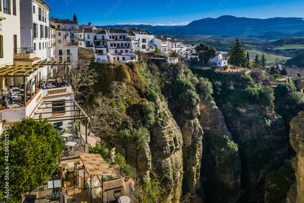 View from the Puente Nuevo on El Tajo, a deep canyon splitting the town of Ronda into two (Andalusia Spain)