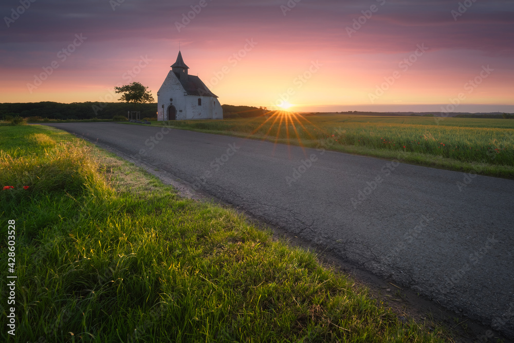 La chapel of Try au Chene at sunrise. Bousval, Belgium