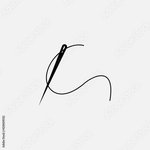 Needle and thread silhouette icon illustration. Tailor logo with needle symbol and curvy thread isolated on white background. Tailor logo template, fashion icon element, needlework instrument.
