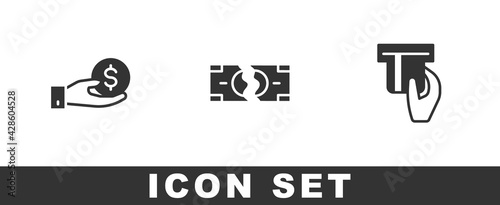 Set Hand giving money, Tearing banknote and Credit card inserted icon. Vector