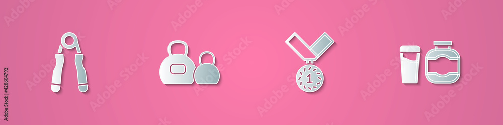 Set paper cut Sport expander, Kettlebell, Medal and Sports nutrition icon. Paper art style. Vector Set paper cut Sport expander, Kettlebell, Medal and Sports nutrition icon. Paper art style. Vector