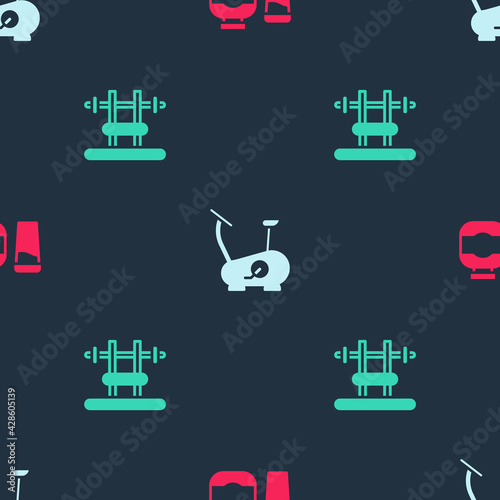 Set Sports nutrition, Stationary bicycle and Bench with barbel on seamless pattern. Vector