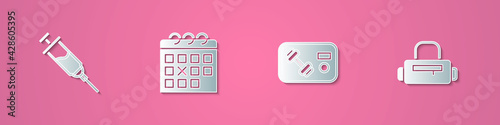 Set paper cut Doping syringe, Calendar fitness, Fitness club, gym card and Sport bag icon. Paper art style. Vector