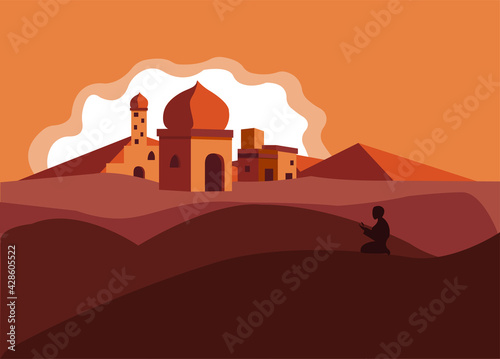 A Muslim man praying in front of mosque in desert. This illustration symbolizes the Ramadan month and everyday pray followed by Muslims. 