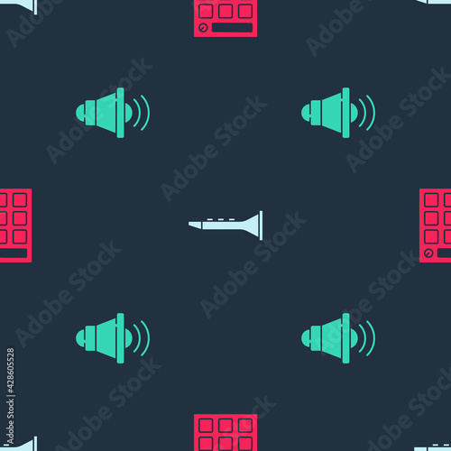 Set Drum machine, Clarinet and Speaker volume on seamless pattern. Vector