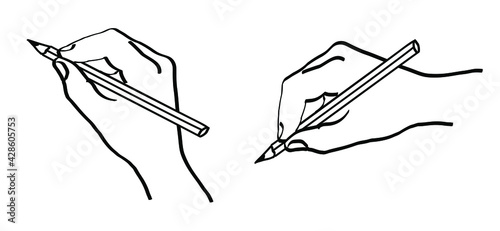 Hand holding pencil. Vector line pattern logo. Draw brushes.