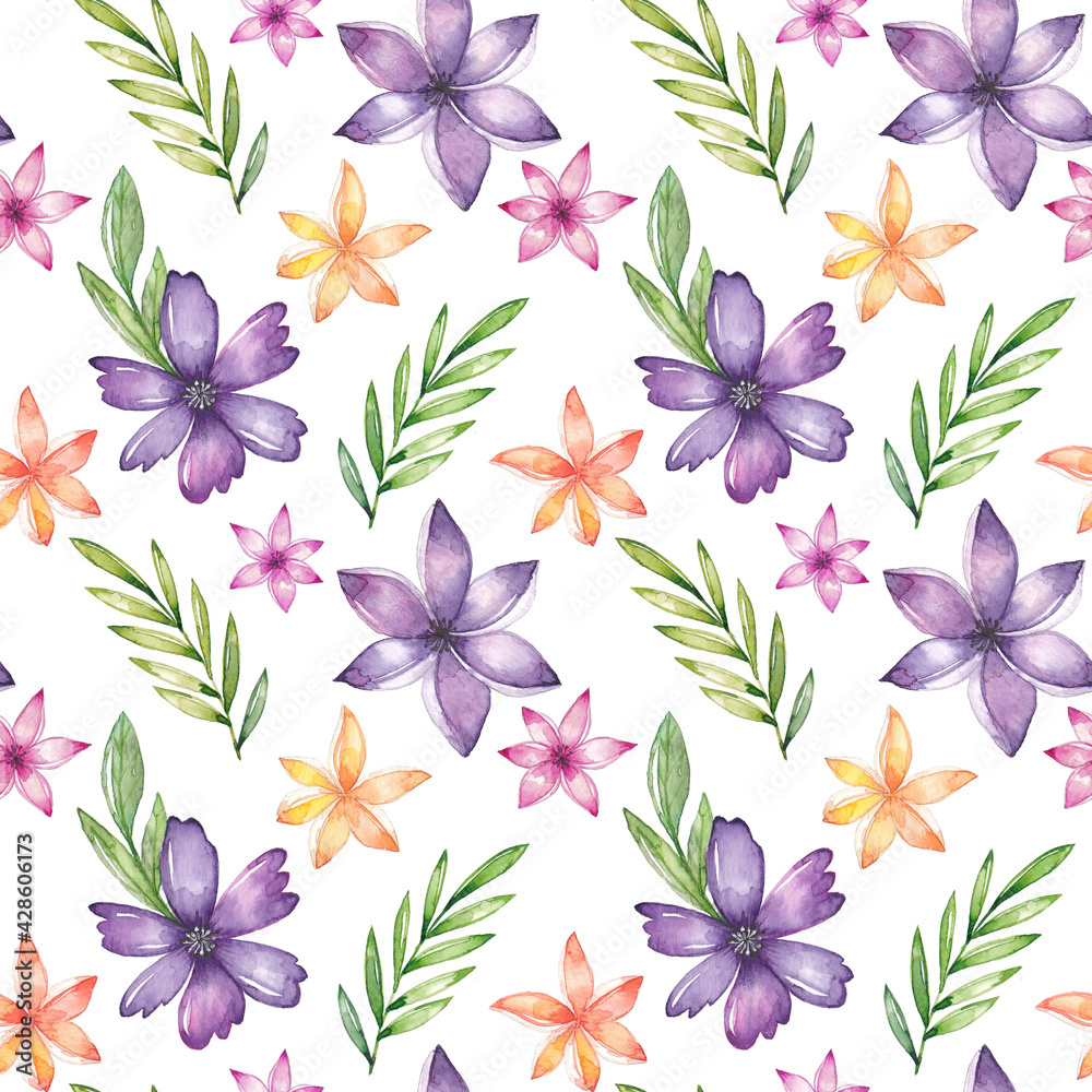 Watercolor seamless pattern with flowers and leaves Watercolor seamless pattern with flowers and leaves