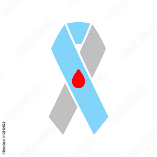 Gray-blue awareness ribbon with blood drop isolated on white background. Diabetes mellitus problem.Vector stock illustration. 