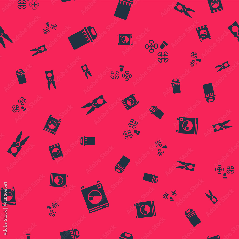 Set Washer, Trash can, Clothes pin and Water tap on seamless pattern. Vector