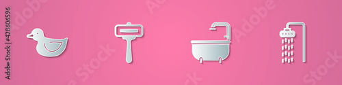 Set paper cut Rubber duck, Shaving razor, Bathtub and Shower icon. Paper art style. Vector