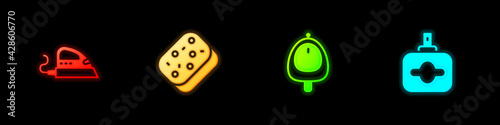 Set Electric iron, Sponge, Toilet urinal or pissoir and Perfume icon. Vector