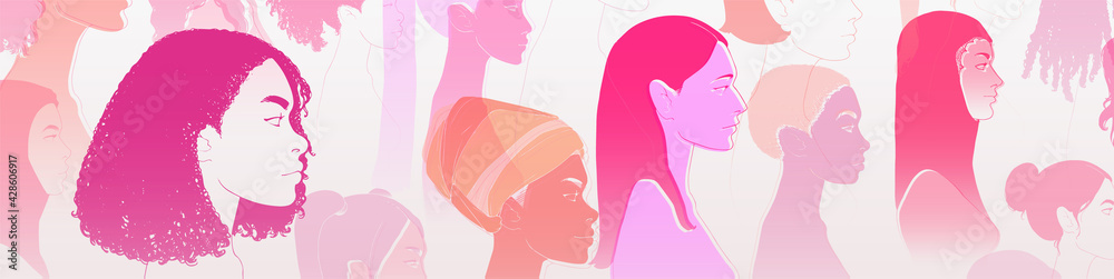 © Gluiki - Group of diverse young people, female equality, different culture. Calm or smiling women, colorful sketch vector illustration, abstract concept. © Gluiki - Group of diverse young people, female equality, different culture. Calm or smiling women, colorful sketch vector illustration, abstract concept.