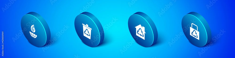 Set Isometric Earth globe and leaf, Eco House with recycling, Paper bag recycle and Recycle bin icon. Vector