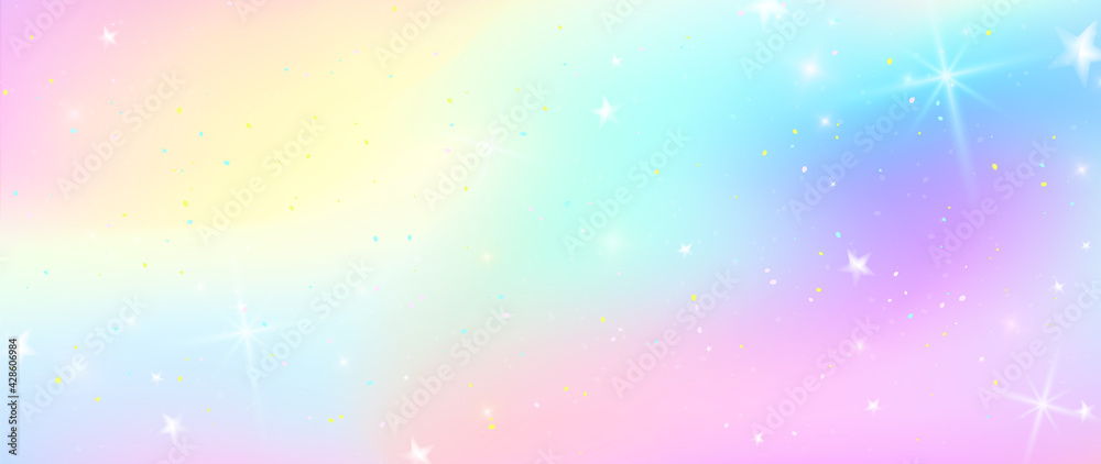 Unicorn colorful background, rainbow pattern, glitter vector texture, pastel fantase design, universe holographic style.