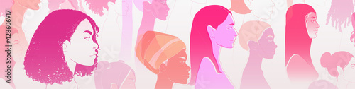 Group of diverse young people, female equality, different culture. Calm or smiling women, colorful sketch vector illustration, abstract concept.	