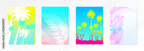 Colorful Summer banners, tropical backgrounds set with palms, sea, clouds, sky, beach. Beautiful Summer Time cards, posters, flyers, party invitations. Summertime, template collection.