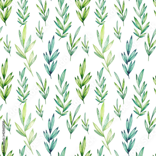 Fototapeta Naklejka Na Ścianę i Meble -  Watercolor green leaves seamless pattern