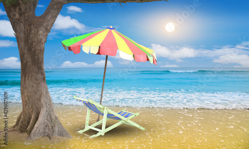 Beautiful beach. Chairs on the sandy beach near the sea. Summer holiday and vacation concept for tourism. Inspirational tropical landscape © chittakorn