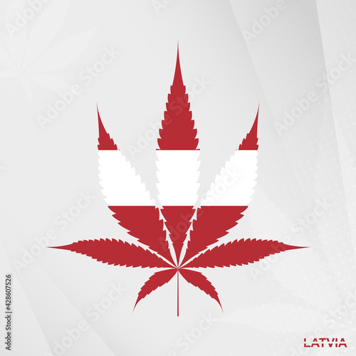 Flag of Latvia in Marijuana leaf shape. The concept of legalization Cannabis in Latvia.